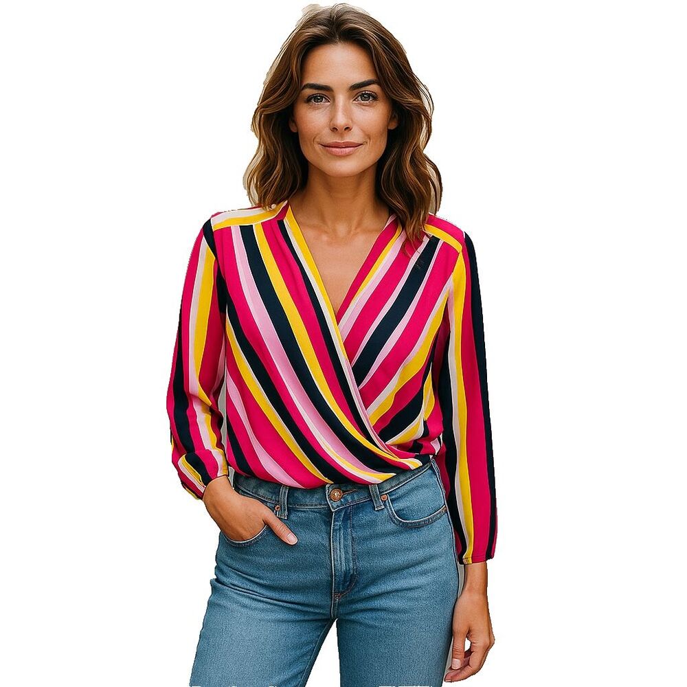 NYGARD‎ Stripe Multicolor Long Sleeve Blouse Red Pink Yellow Size Large